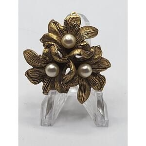Vintage Gold Tone Floral Pearl Brooch Dimensional Mid Century Pin